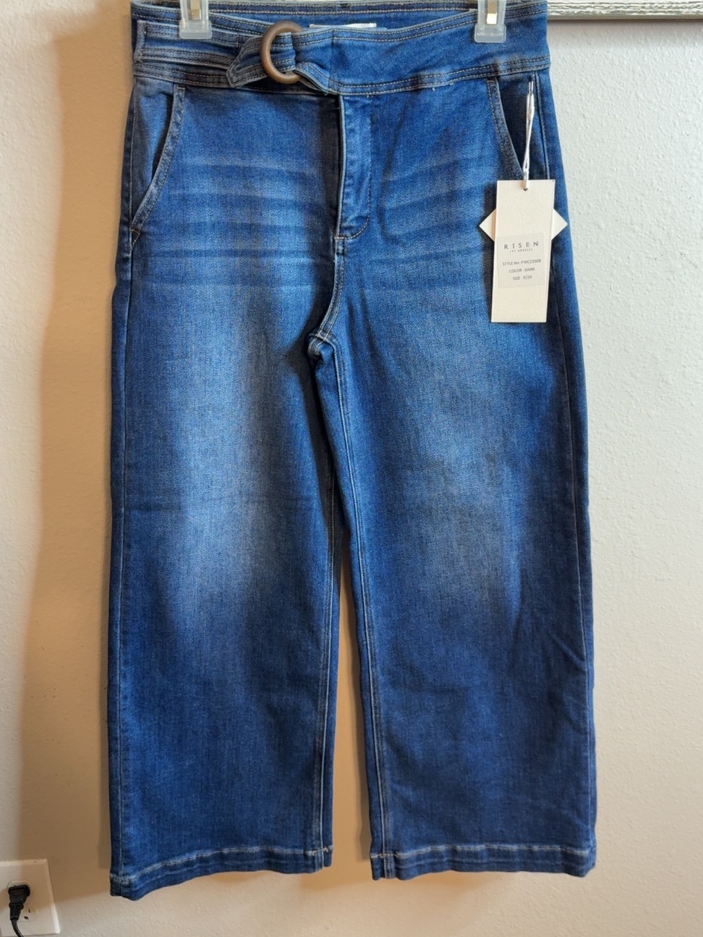Risen Women's Blue Cropped Wide-Leg Jeans with Belted Waist